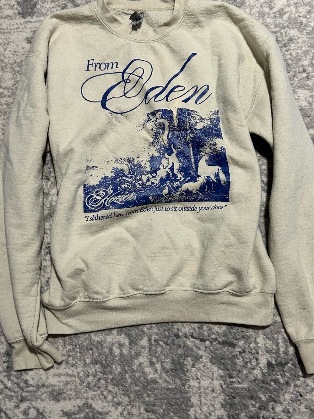 Gildan Cream Crewneck with Blue 'From Eden' Graphic